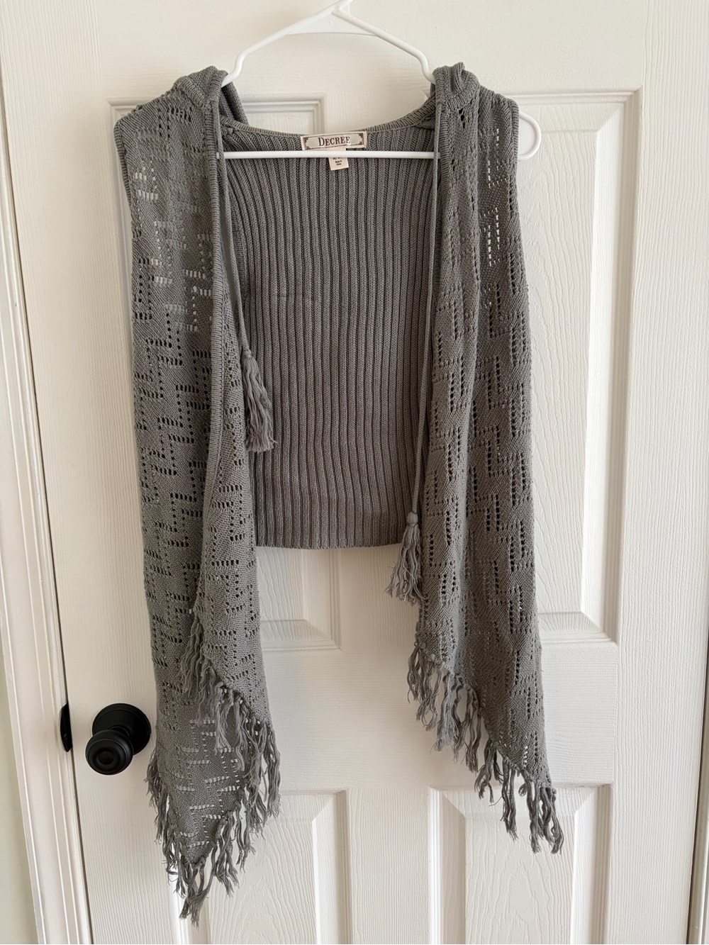 Decree Gray Open-Knit Hooded Fringe Vest